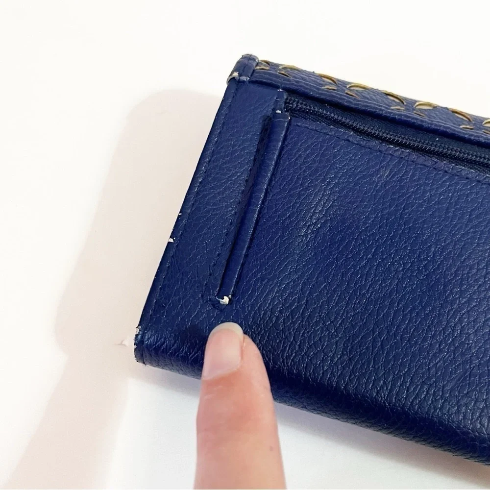 Buxton Womens Wallet Blue & Gold Lazer Cut Organizer Travel Zipper ID Holder